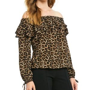 NWT Michael Kors Leopard Print Ruffle Off-the-Shoulder Long Sleeve Top